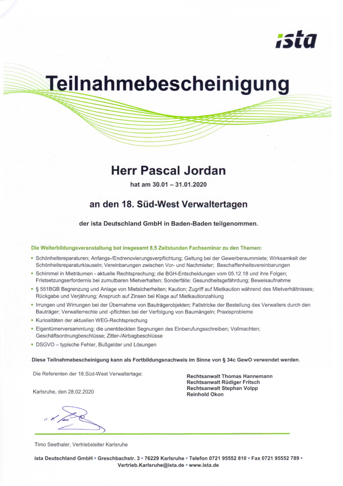 Teilnahmebescheinigung der ista Deutschland GmbH für Pascal Jordan an den 18. Süd-West Verwaltertagen.