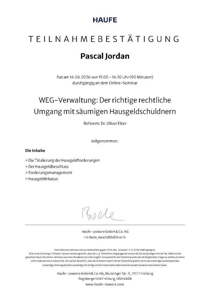 Teilnahmebestätigung für Pascal Jordan von Haufe zum Umgang mit Hausgeldschuldnern mit Dr. Oliver Elzer.