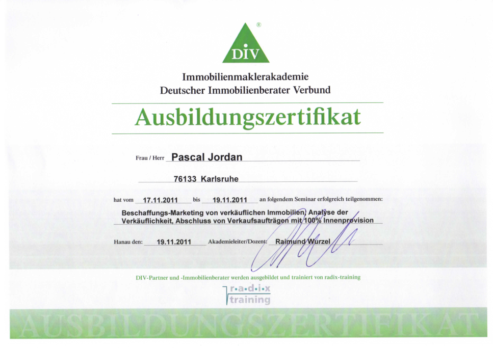 Ausbildungszertifikat der DIV für Pascal Jordan.