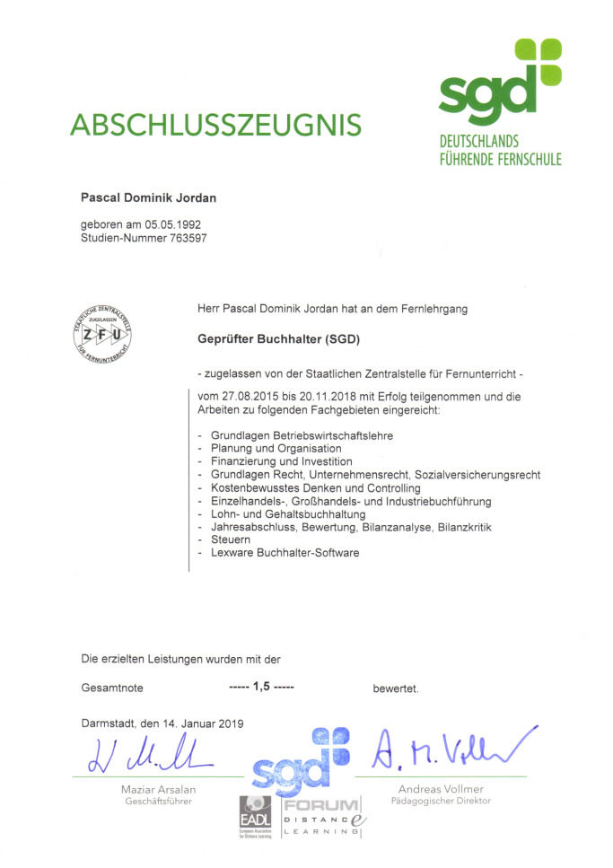 Abschlusszeugnis der SGD für Pascal Jordan als Geprüfter Buchhalter (SGD).