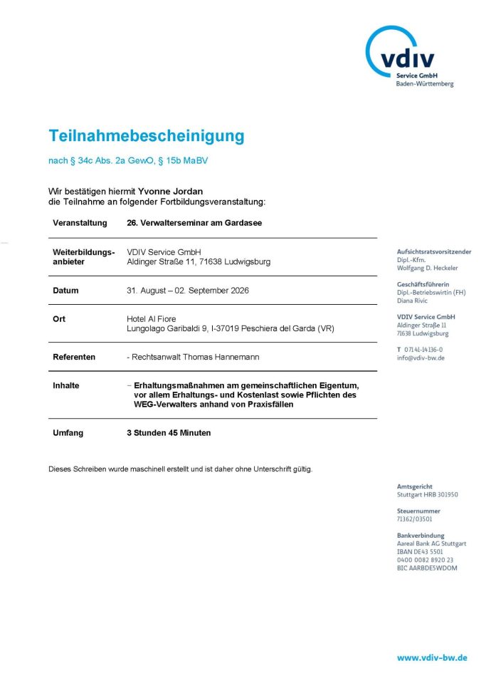 Teilnahmebescheinigung Yvonne Jordan Verwalterseminar am Gardasee RA Thomas Hannemann
