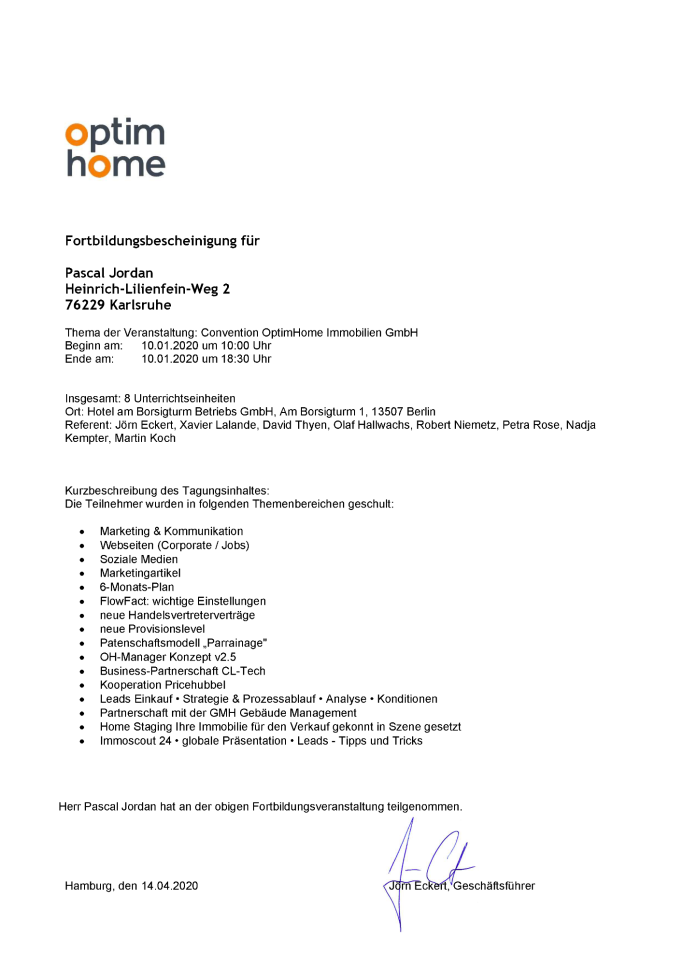 Fortbildungsbescheinigung von optimhome für Pascal Jordan an der Convention 2020.