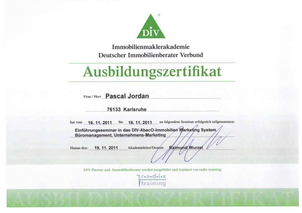 Ausbildungszertifikat der DIV für Pascal Jordan.