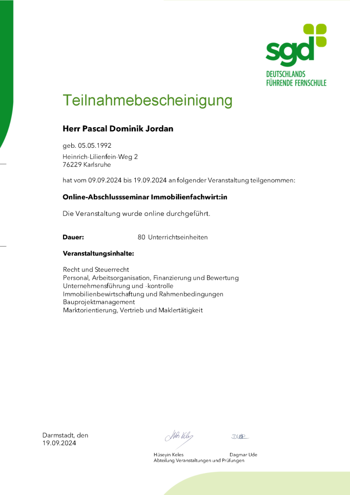 Teilnahmebescheinigung der SGD für Pascal Jordan für die Teilnahme am Online-Abschlussseminar Immobilienfachwirt:in.