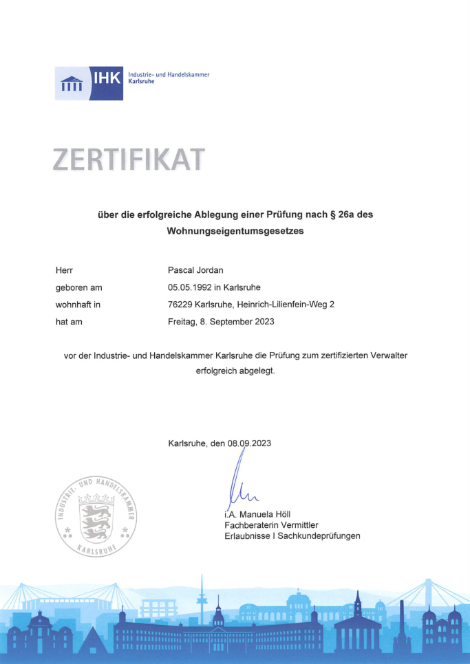 Zertifikat der IHK Karlsruhe für Pascal Jordan als zertifizierter Verwalter nach §26a WEG.