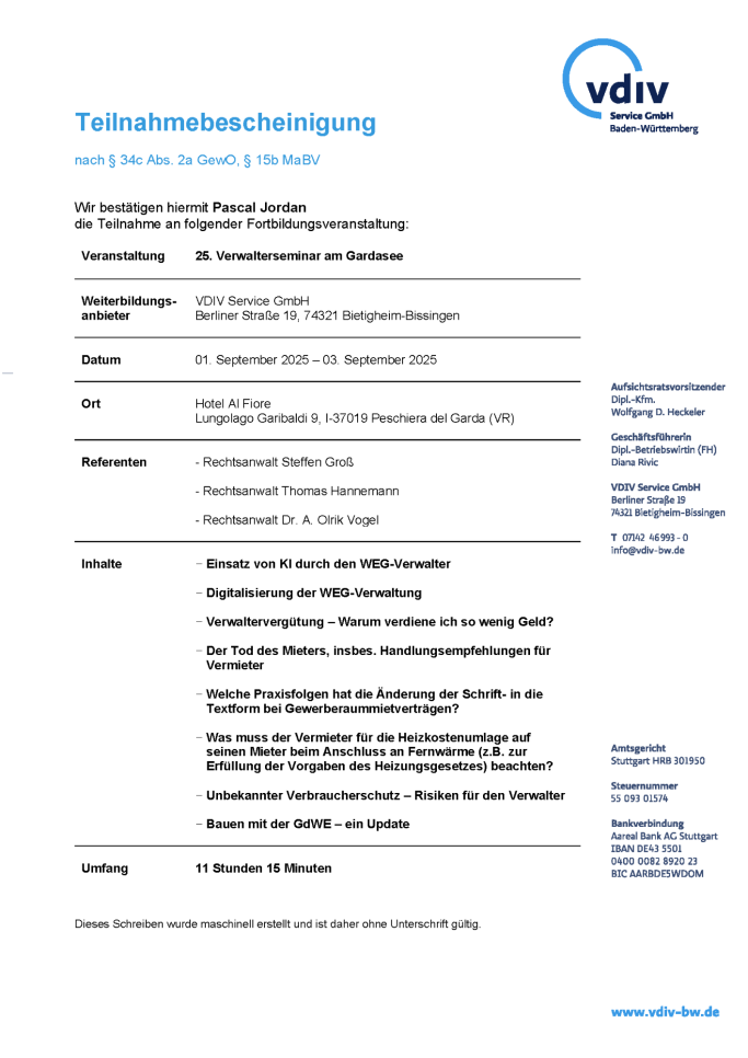 Teilnahmebestätigung der vdivService GmbH & Co. KG für Pascal Jordan am 25. Verwalterseminar am Gardasee.