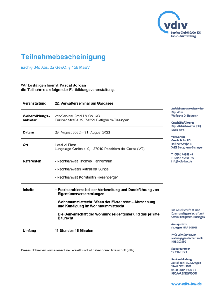 Teilnahmebestätigung der vdivService GmbH & Co. KG für Pascal Jordan am 22. Verwalterseminar am Gardasee.