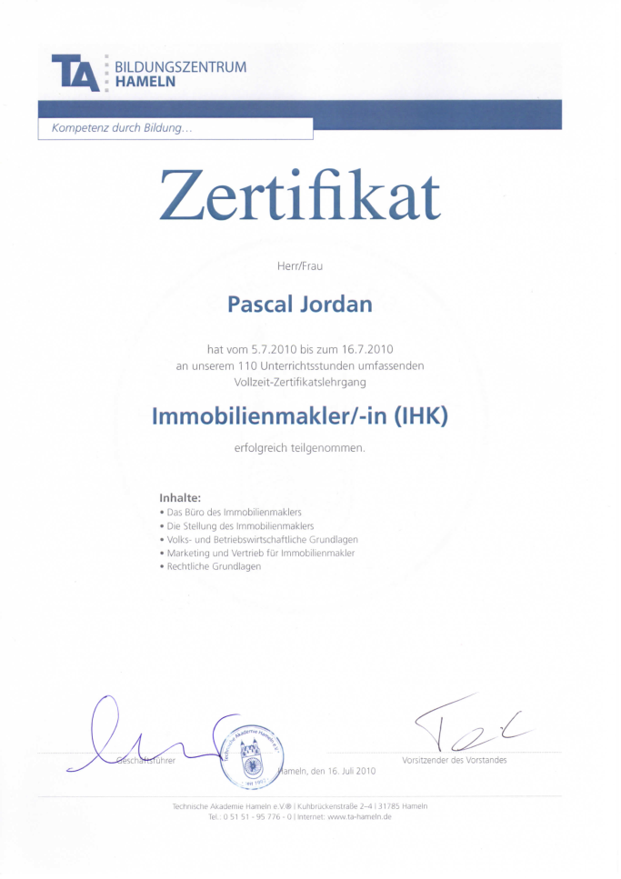 Zertifikat der TA Hameln für Pascal Jordan als Immobilienmakler (IHK).