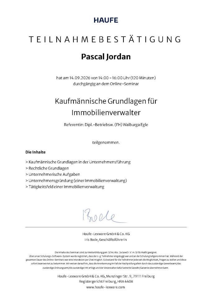 Teilnahmebestätigung für Pascal Jordan von Haufe zu kaufmännische Grundlagen für Immobilienverwalter mit Walburga Egle.