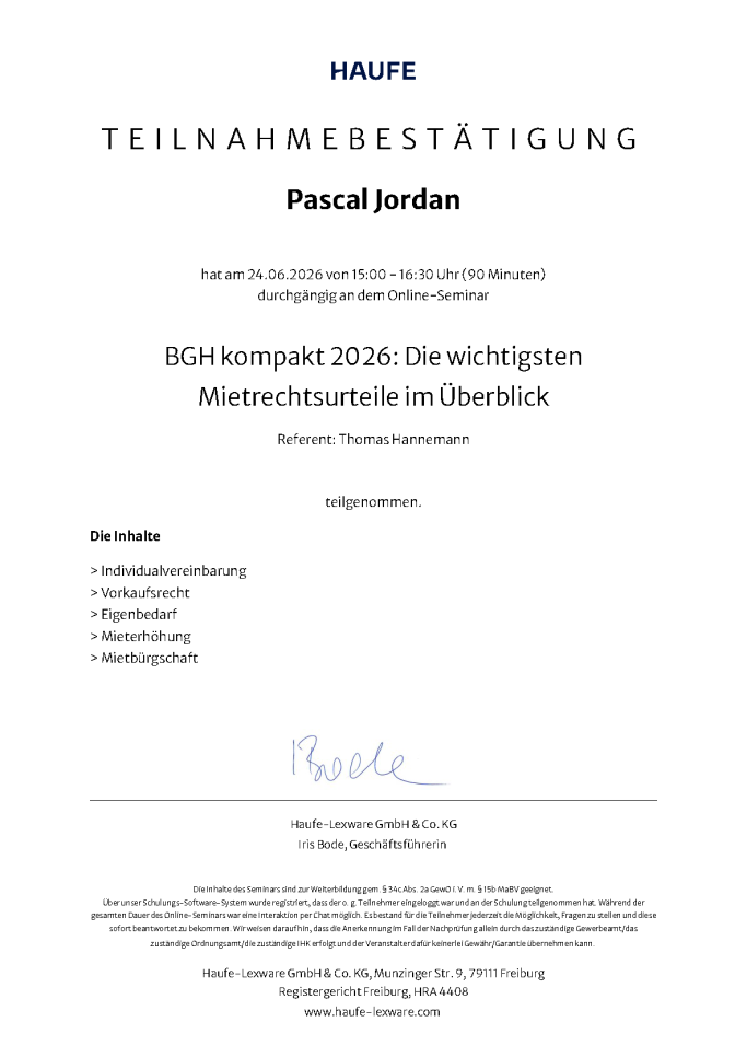 Teilnahmebestätigung für Pascal Jordan von Haufe zu wichten BGH-Urteilen im Mietrecht mit RA Thomas Hannemann.