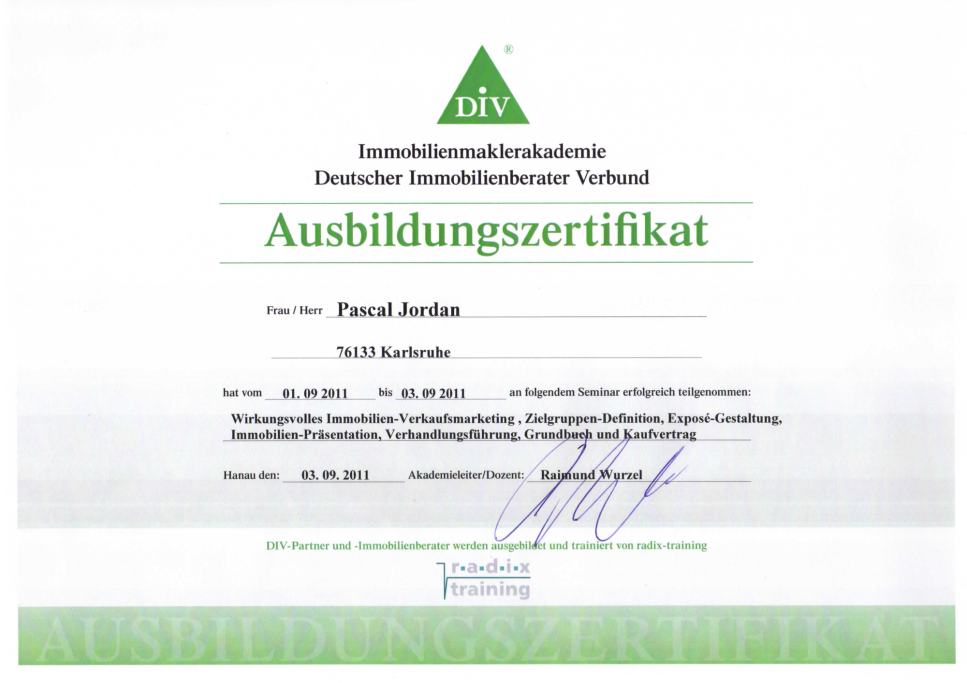 Ausbildungszertifikat der DIV für Pascal Jordan.