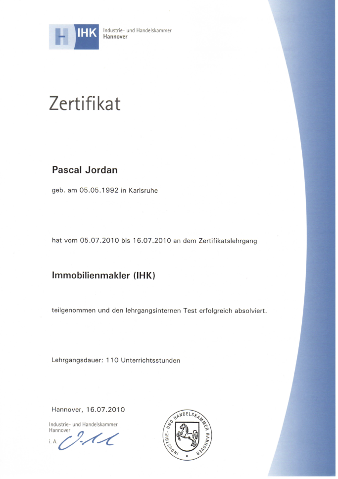 IHK-Zertifikat für Pascal Jordan als Immobilienmakler (IHK).