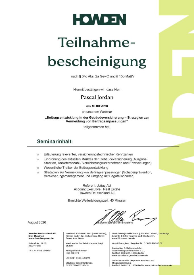 Teilnahmebestätigung für Pascal Jordan von Howden zu Beitragsentwicklung in der Gebäudeversicherung.