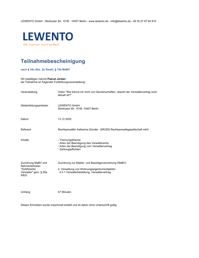 Teilnahmebescheinigung der Lewento GmbH für Pascal Jordan an einer Fortbildungsveranstaltung.