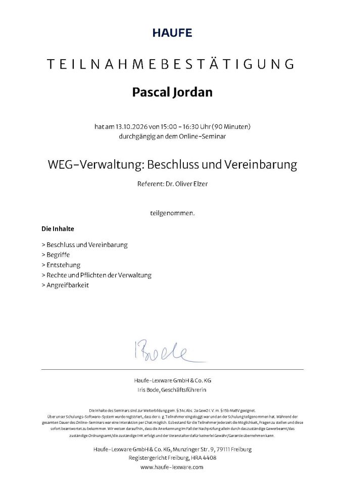 Teilnahmebescheinigung Pascal Jordan WEG Verwaltung: Beschluss und Vereinbarung mit Dr. Oliver Elzer