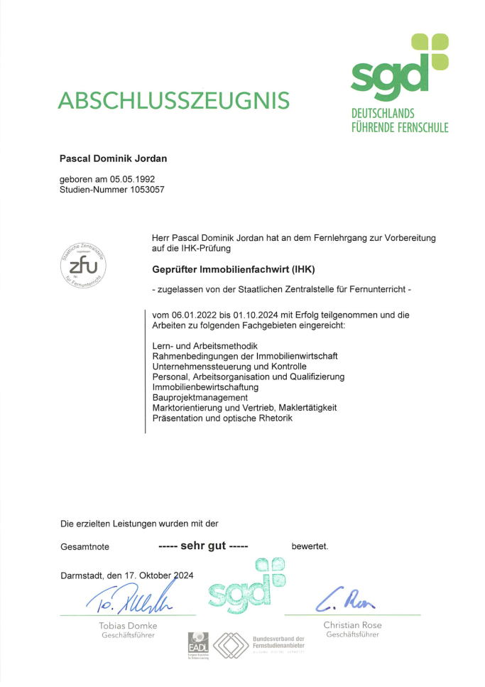 Abschlusszeugnis der SGD mit Bestätigung der Weiterbildung und Unterschriften.