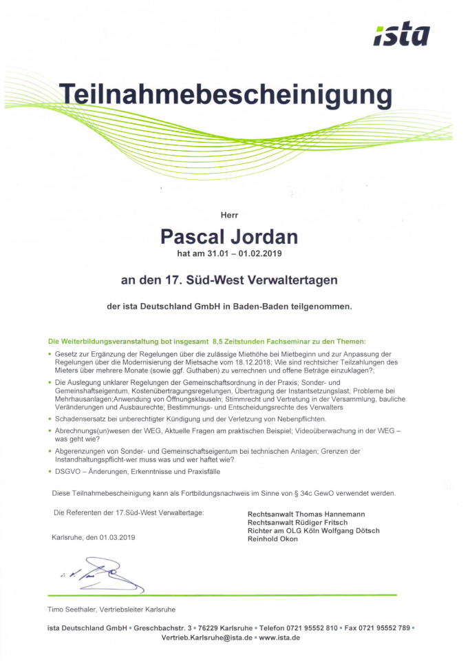 Teilnahmebescheinigung der ista Deutschland GmbH für Pascal Jordan an den 17. Süd-West Verwaltertagen.