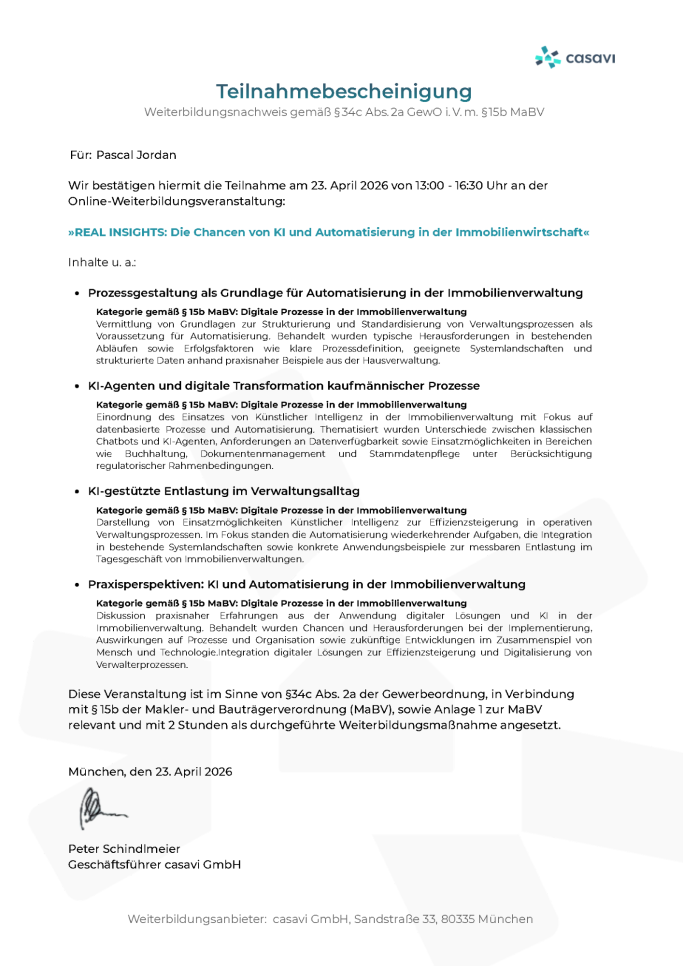 Teilnahmebestätigung der Firma casavi für Pascal Jordan zur Teilnahme an einer Fortbildungsveranstaltung.