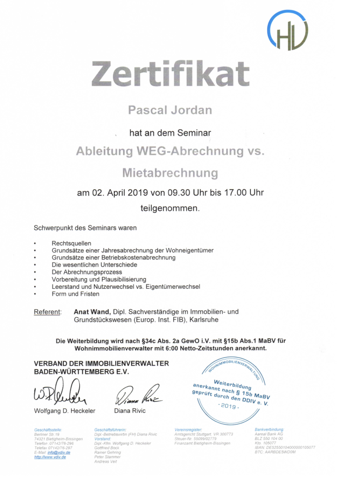 Zertifikat des Verband der Immobilienverwalter Baden-Württemberg e.V. für Pascal Jordan zur Teilnahme an einem Seminar.