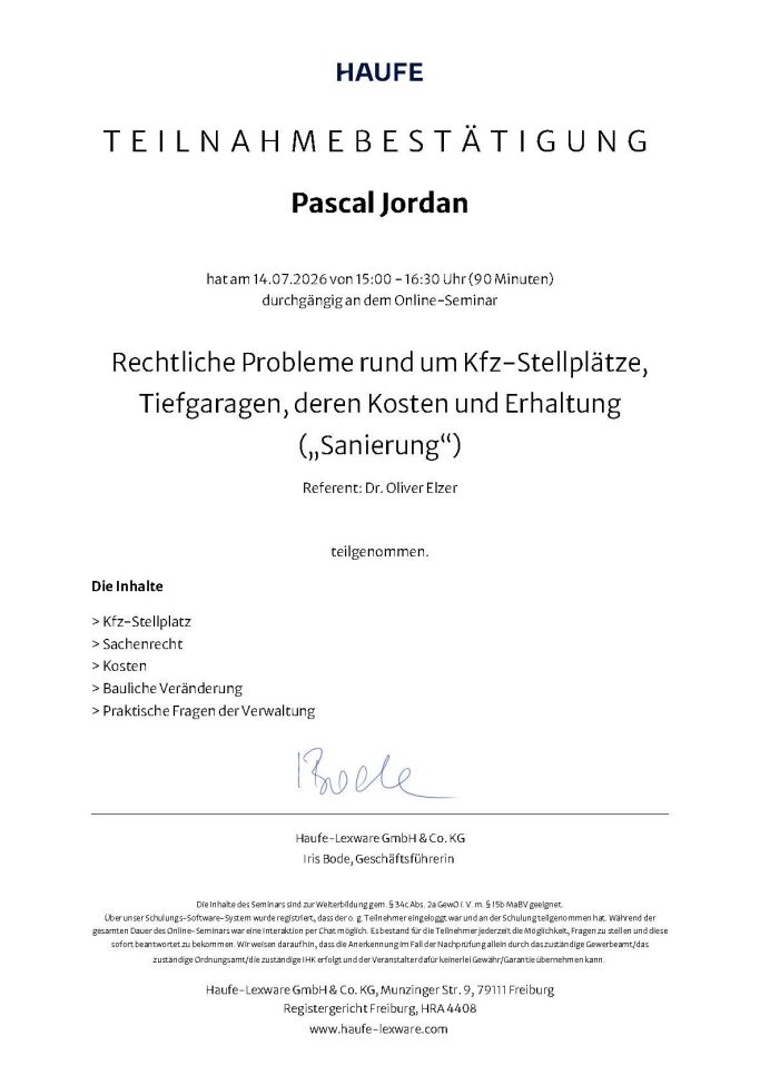 Teilnahmebestätigung für Pascal Jordan, inklusive Details zur Veranstaltung und Datum.