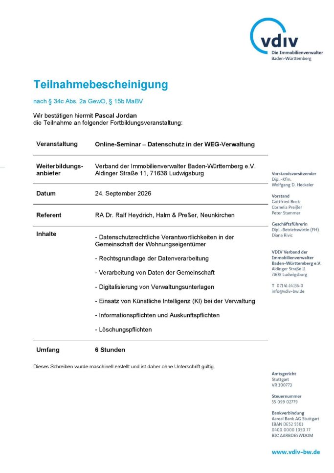 Teilnahmebescheinigung Pascal Jordan Datenschutz in der WEG-Verwaltung mit RA Dr. Ralf Heydrich