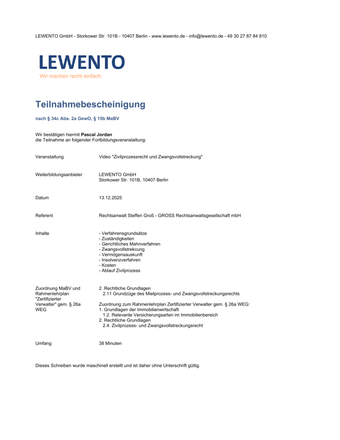 Teilnahmebescheinigung der Lewento GmbH für Pascal Jordan an einer Fortbildungsveranstaltung.