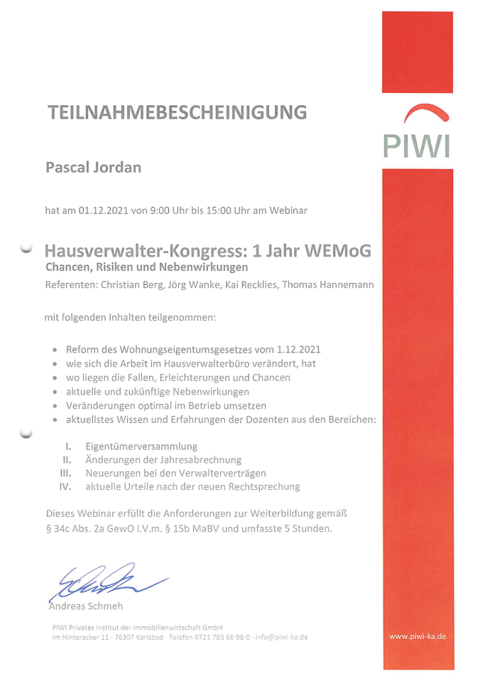 Teilnahmebescheinigung der PIWI für Pascal Jordan an dem Hausverwalter-Kongress: 1 Jahr WEMoG.