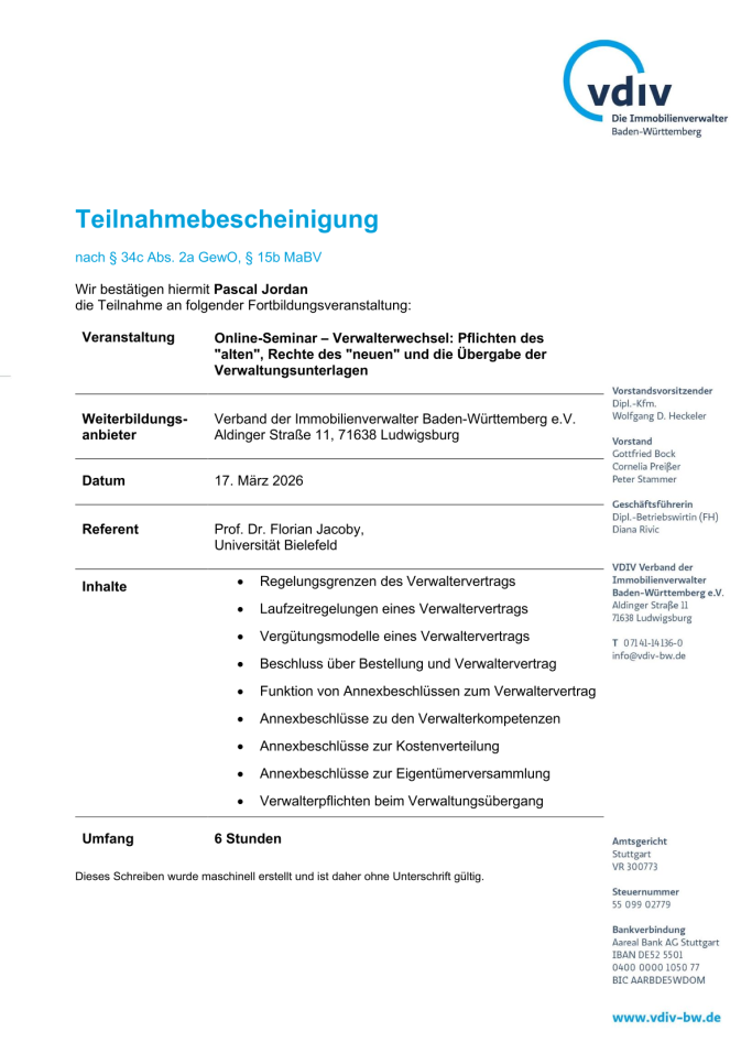 Teilnahmebestätigung des vdiv Baden-Württemberg für Pascal Jordan an einer Fortbildungsveranstaltung.