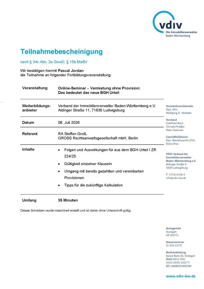 Teilnahmebestätigung für eine Veranstaltung der vdiv mit Details zur Person und Veranstaltung.