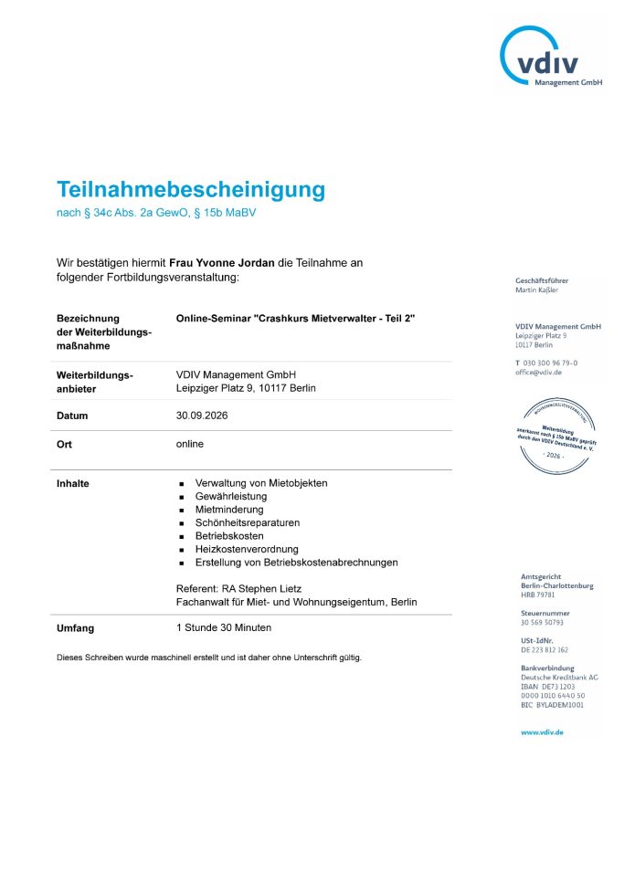 Teilnahmebescheinigung Yvonne Jordan Crashkurs Mietverwalter mit RA Stephen Lietz