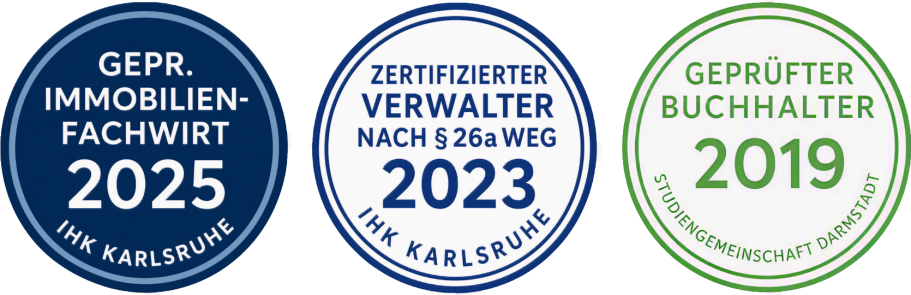 Siegel für geprüfter Immobilienfachwirt 2025, zertifizierter Verwalter 2023 und geprüfter Buchhalter 2019.