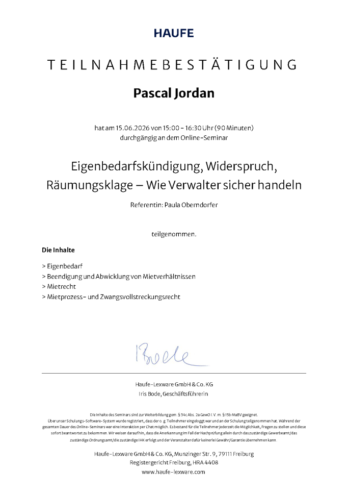 Teilnahmebestätigung für Pascal Jordan von Haufe zum Mietrecht von Paula Oberndorfer.