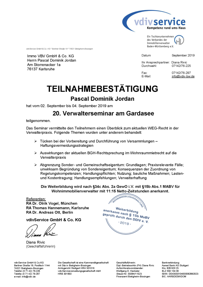Teilnahmebestätigung der vdivService GmbH & Co. KG für Pascal Jordan am 20. Verwalterseminar am Gardasee.