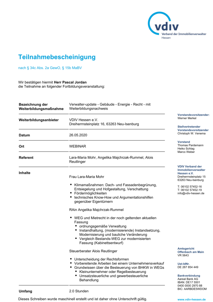 Teilnahmebescheinigung des vdiv Hessen für Pascal Jordan an Verwalter-update - Gebäude - Energie - Recht.