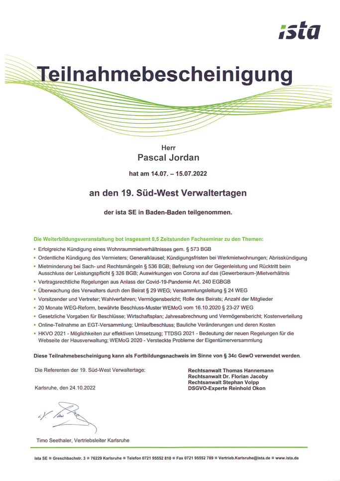 Teilnahmebescheinigung der ista SE für Pascal Jordan an den 19. Süd-West Verwaltertagen.