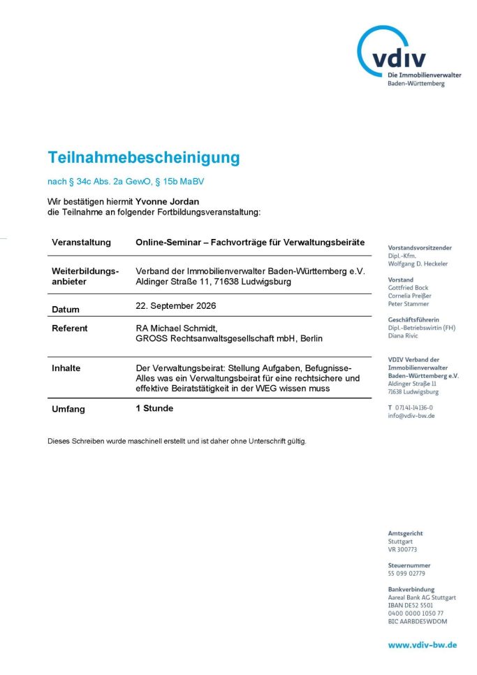 Teilnahmebestätigung für Yvonne Jordan von Verband der Immobilienverwalter Baden-Württemberg e.V. zu Fachvorträge für Verwaltungsbeiräte.